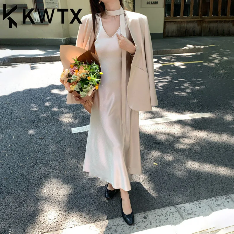 

KWTX 2025 Spring Summer Satin Two Piece Set V-neck Vest Dress with Ribbon Tie Blazer Elegant Chic Casual Minimalist High Quality