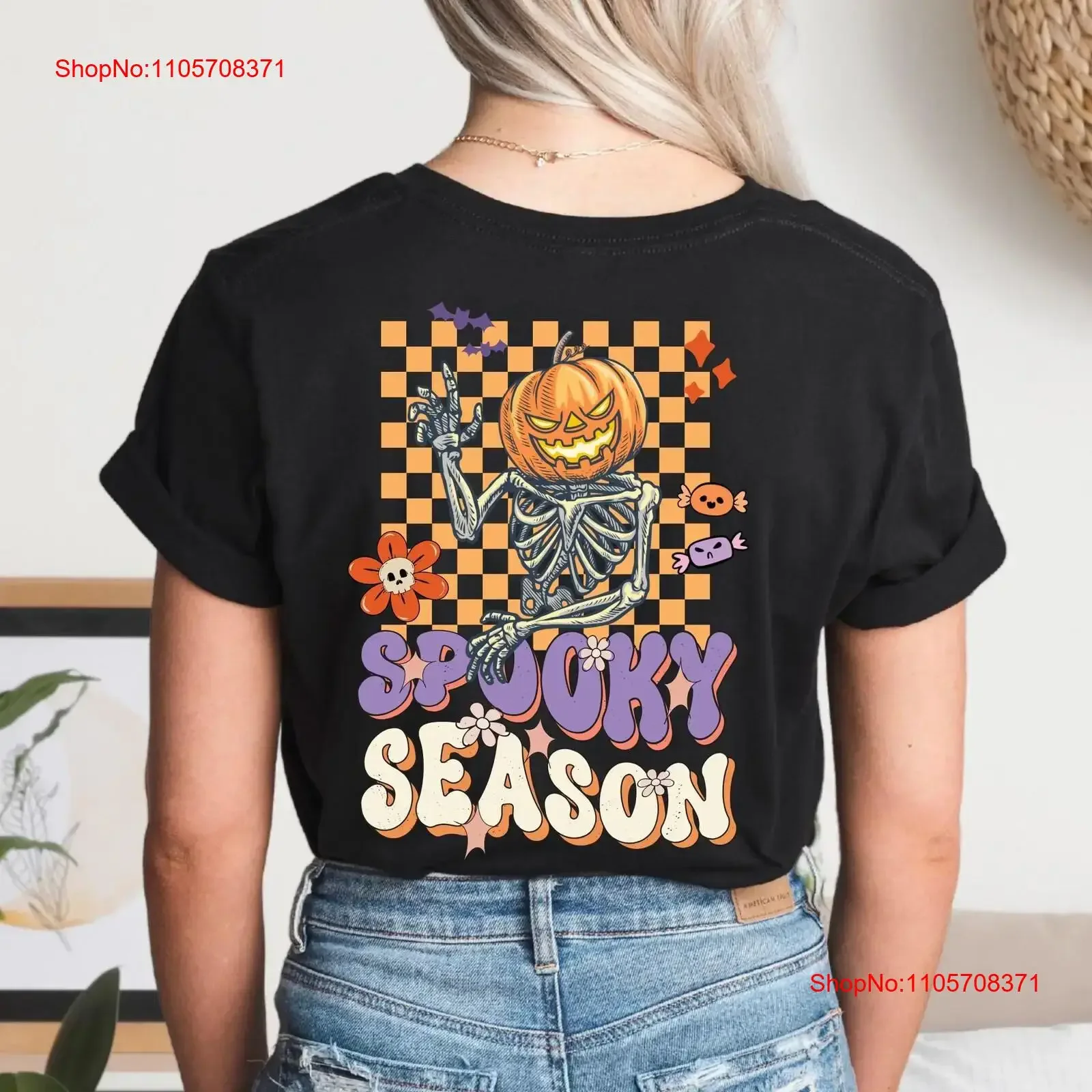 Spooky Season Skeleton T Shirt Halloween with Checkered Pattern Fun Aesthetic Back Design Pumpkin Head vintage Washed
