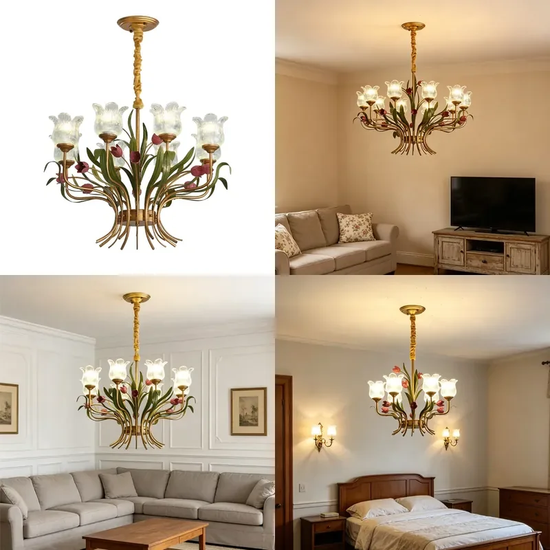 Retro Floral Chandelier Wrought Iron Pendant Light Luxury European Style for Living Room Dining Bedroom Atmosphere Decor