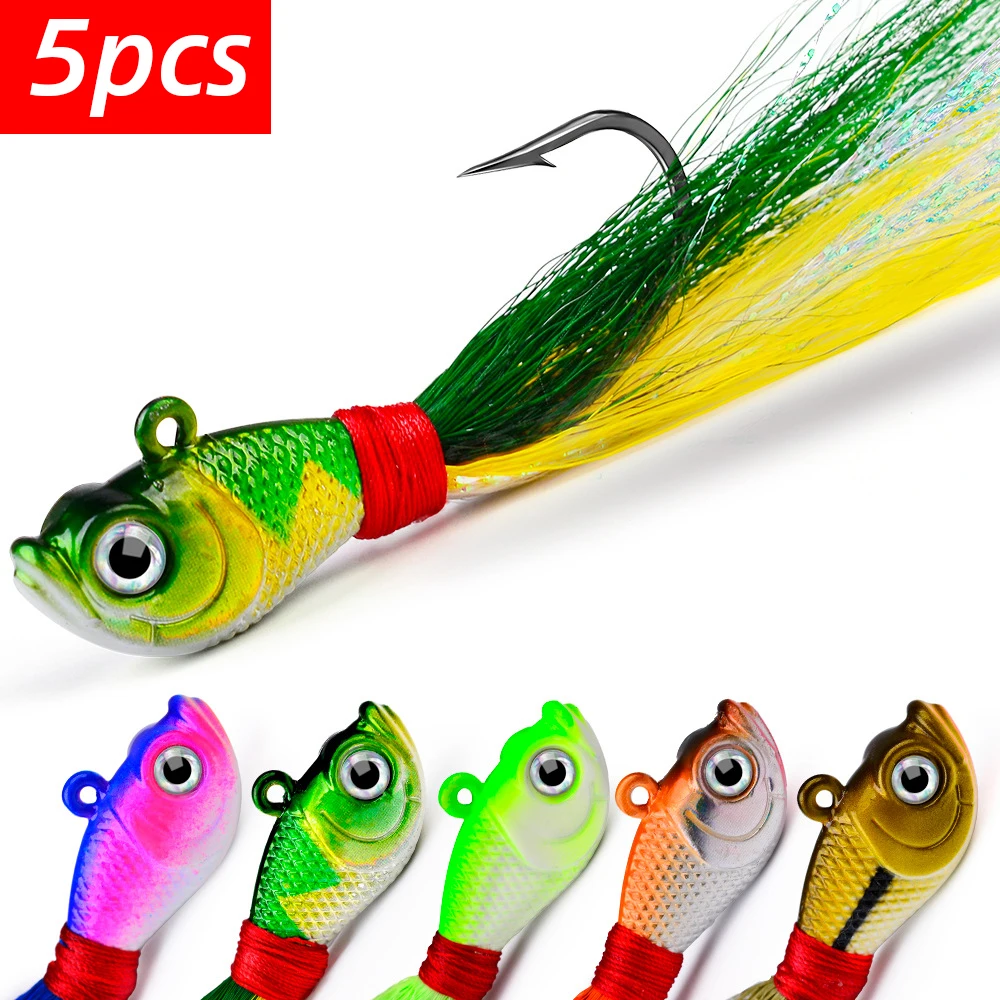 5PCS Bucktail Jig Glow in Dark Bucktail Fishing Jig Head Hair Jigs for 7g-56g Bass Fresh & Saltwater Fishing Accessories