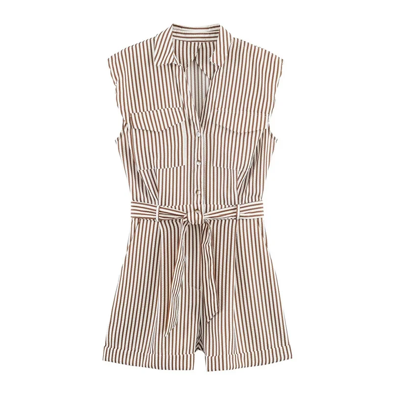 

Women's Jumpsuit 2026 Spring New Style Red Striped Sleeveless Romper with Belt Decoration Casual Fashion Lively and Individual