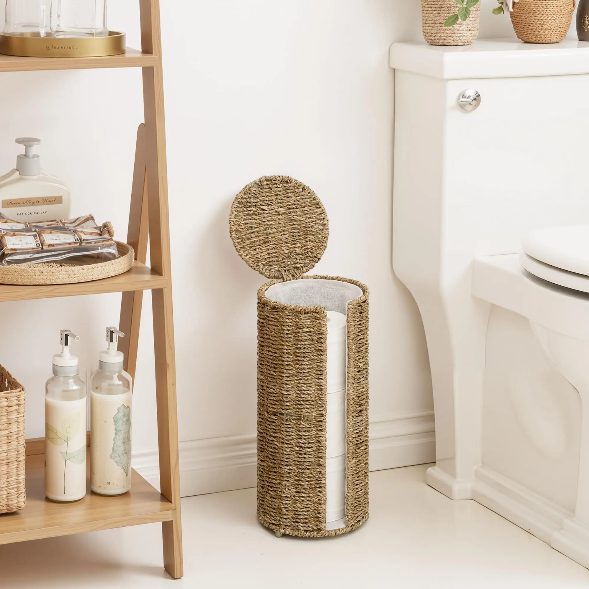 IDUK Seagrass Toilet Paper Holder with Storage, Wicker Toilet Paper Holder for Bathroom and Under Sink, Handmade Woven Toilet
