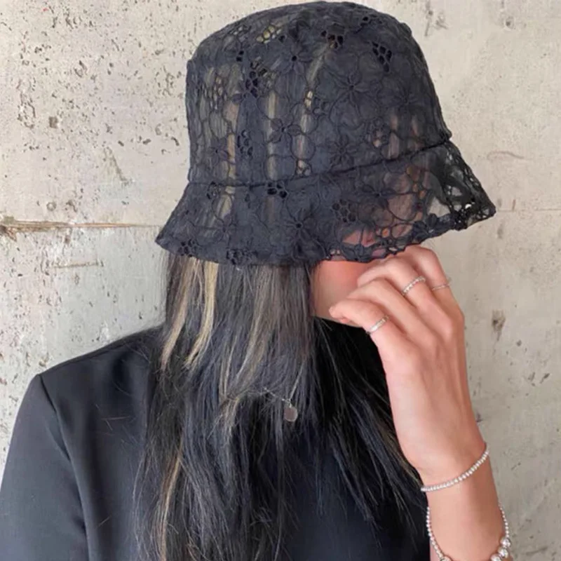 2021 spring Women\'s Bucket Hat Caps Hip Hop Gorros Panama Summer Hat Beach Sun Fishing Flower Lace Breathable Gorras