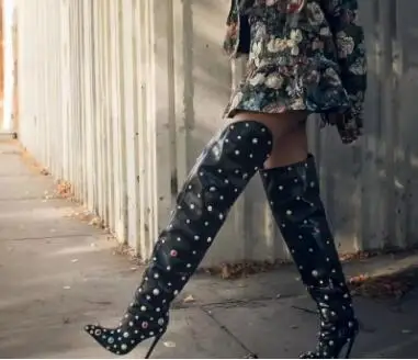 

Luxury Women Black Matte Leather Colorful Crystal Rhinestone Diamond Over The Knee Boots Stiletto Heel Thigh Long Boots Shoes