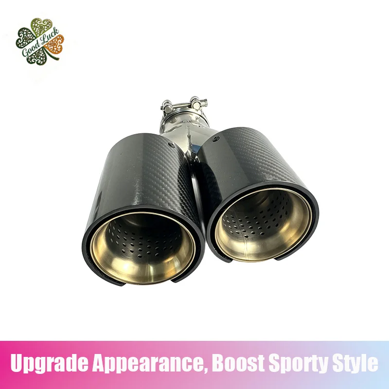1PC Y-Shaped Inner Gold Outer Bright Carbon Fiber Exhaust Tip With M Logo, Universal Muffler Tail Pipe Compatible with BMW