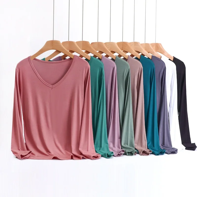 Duży rozmiar 8XL Modal Tshirt Długie rękawy Kobiety Jesień Bottoming T-Shirt V-Neck Loose Casual Tee Tops Solid color Basic Tees