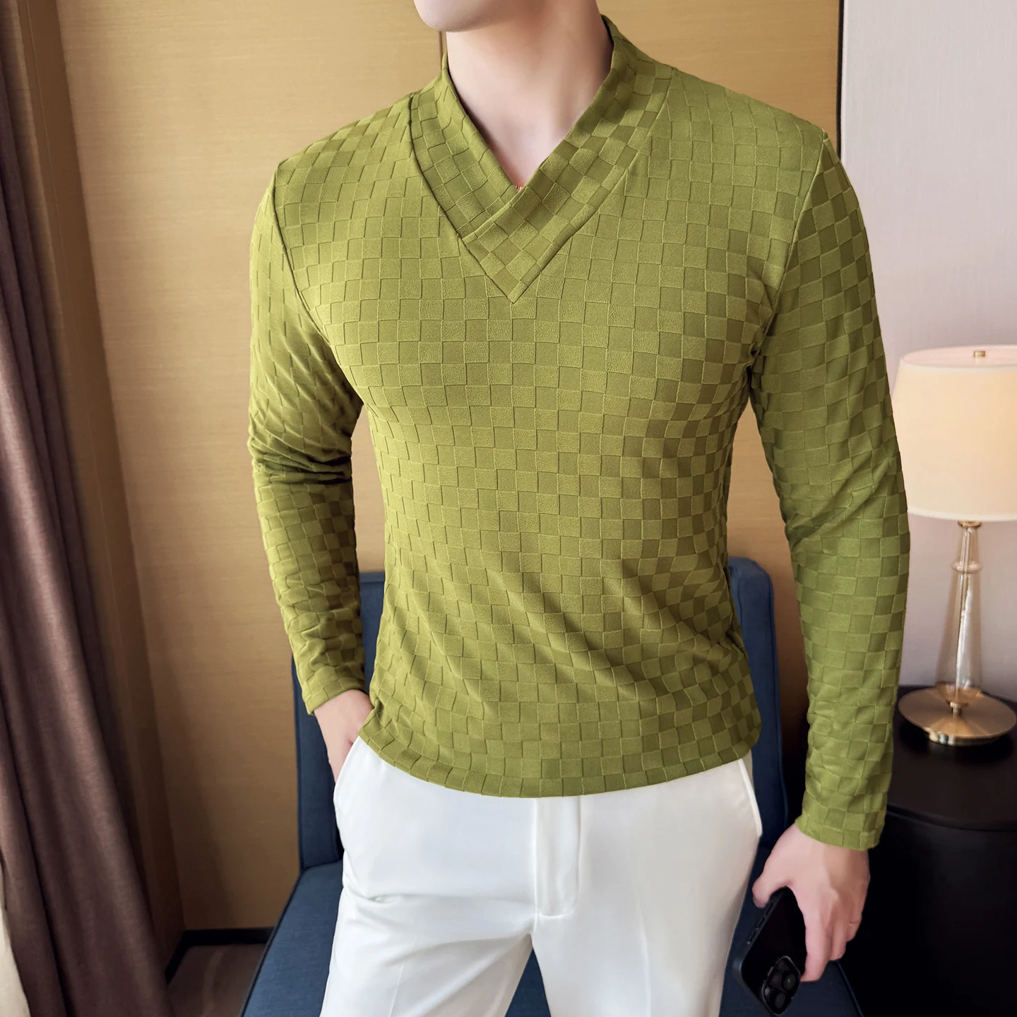 

2025 Autumn/Winter Men's V-neck T-shirt Long Sleeve Slim Fit Casual Tee Tops Versatile Business Social Pullover Base Shirt