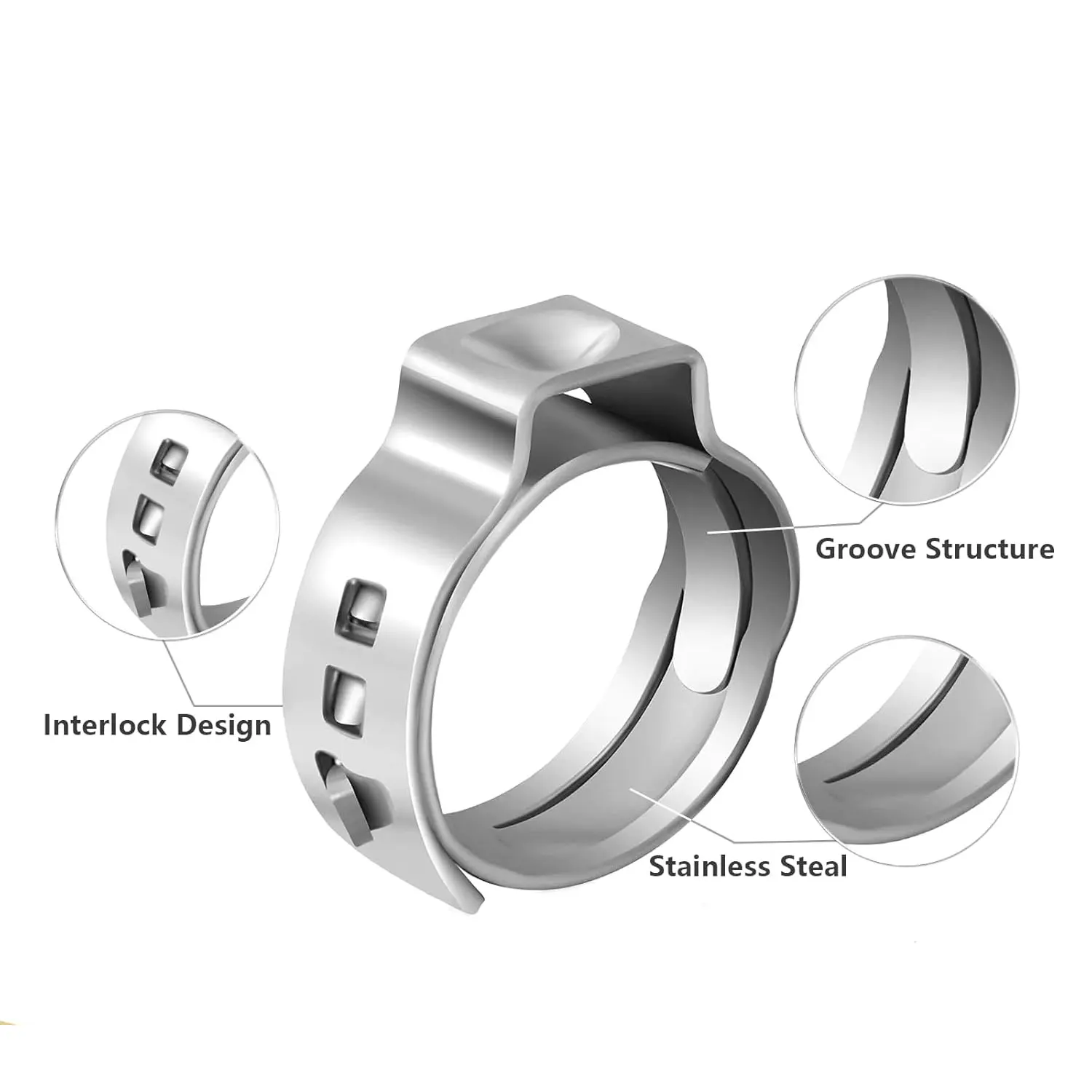 PEX Cinch Clamp Rings Single Ear Stepless 5.8-23.5mm Stainless Steel Tubing Pipe Clamps for PEX Tubing Pipe Fitting Connections