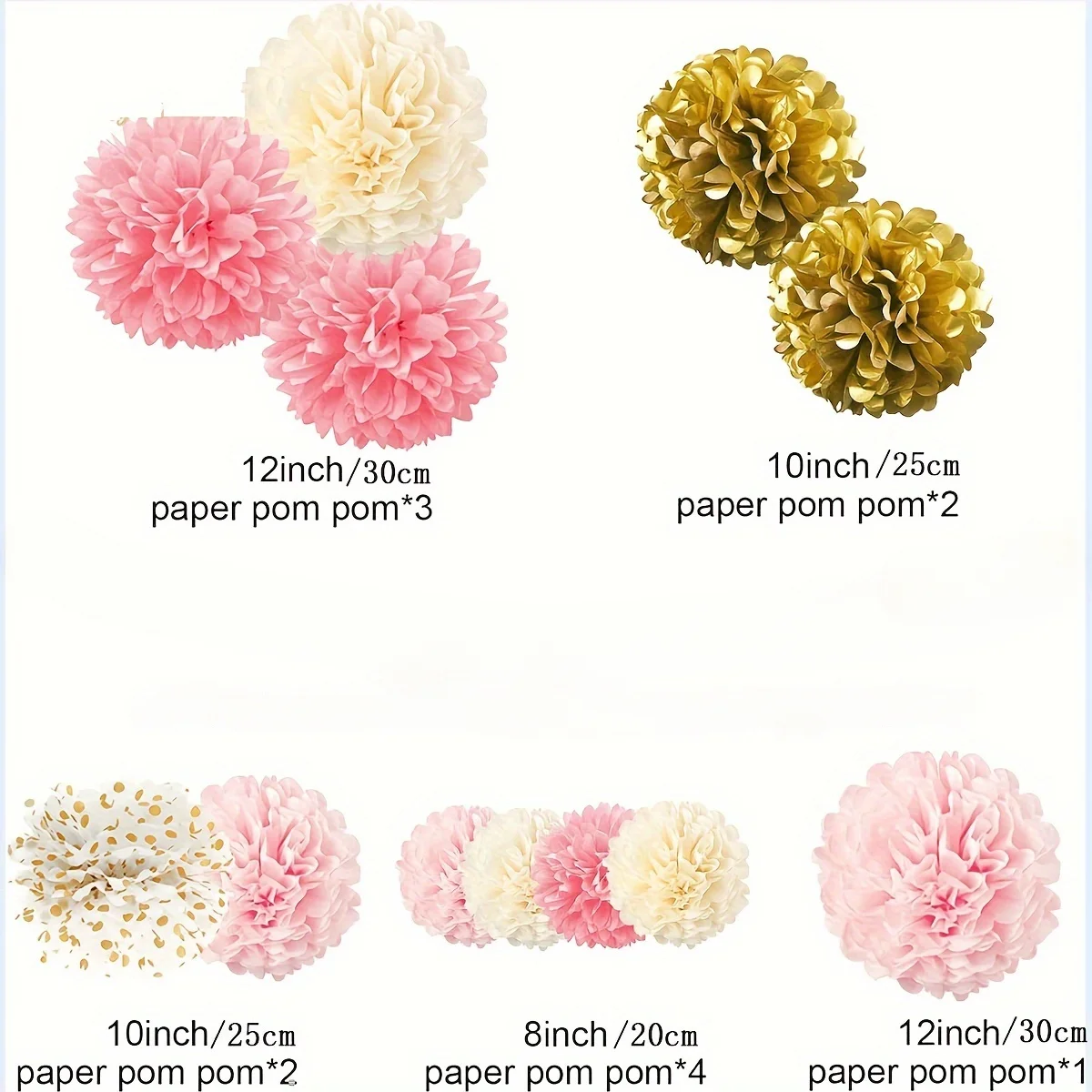 12 Vibrant Pink Gold Paper Pom Poms - Elegant Tissue Flowers for Party Decorations - Ideal for Weddings, Birthdays, and Showers
