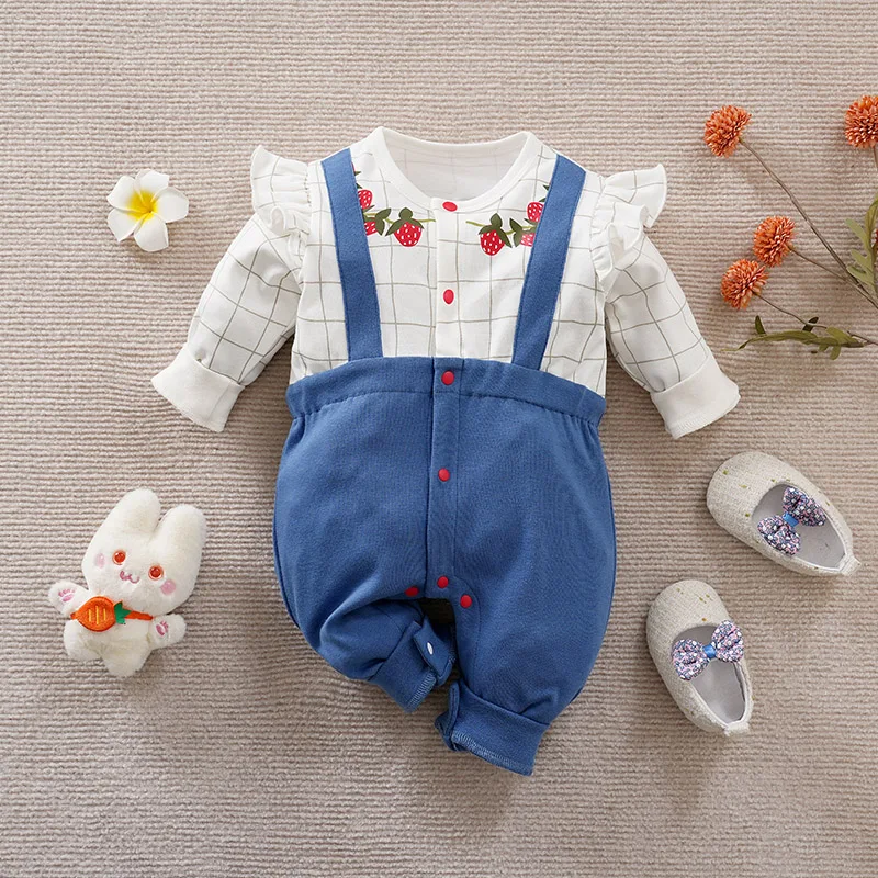 

Spring and Autumn New Girl Baby Pure Cotton Long sleeved jumpsuit Cute and Fashionable Fake Strap Strawberry Ladies Style