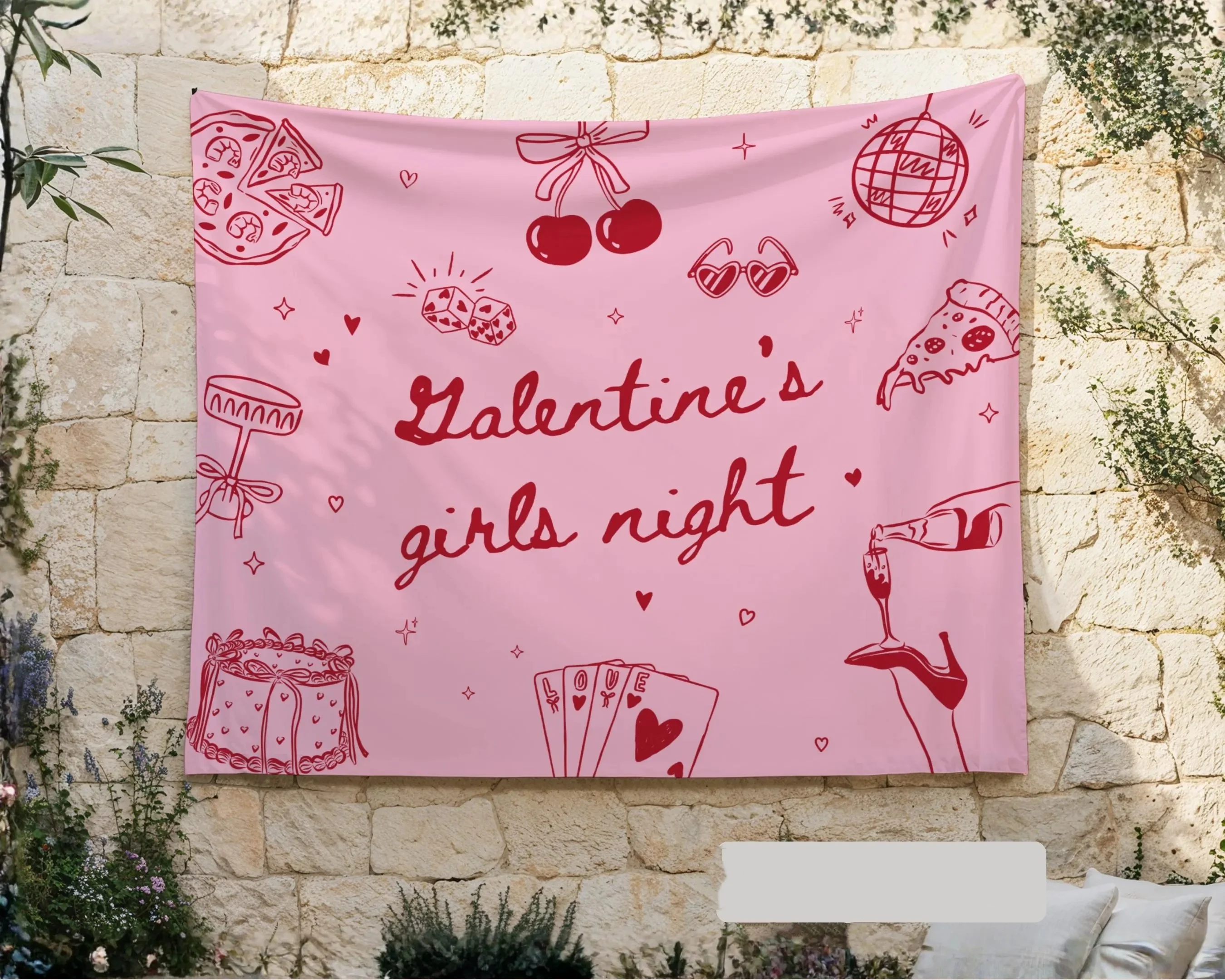 Galentines Mädchen-Nachtbanner, individuelle Pizza und Cocktails, Ga-Hintergrundstoff, Urlaub, Zuhause, Party, Wohnzimmer, Club, Stoff, Wandteppich