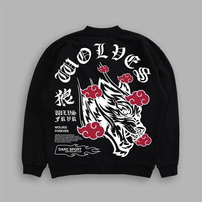 2026 Amerikanische Streetwear-Marke Retro Wolfskopf Fleece Bedruckter Pullover für Männer und Frauen Locker Sitzender Rundhals-Oberteil – Detail 6