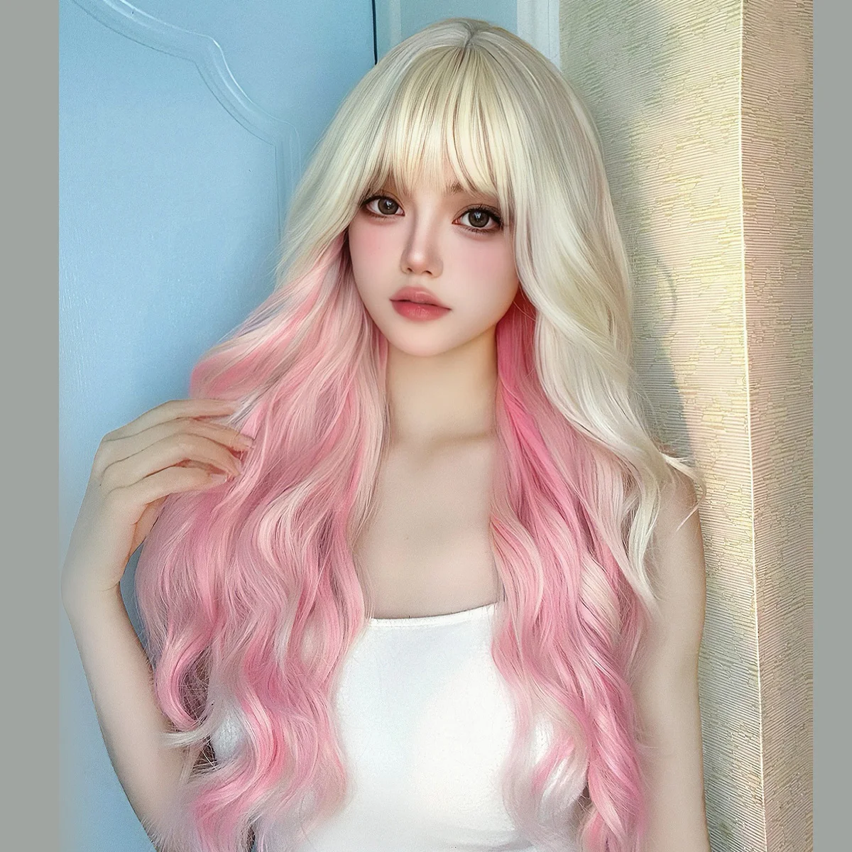 Wig female synthetic medium-long hair simulation lady big wave lolita highlighted long curly hair round face fake set natural