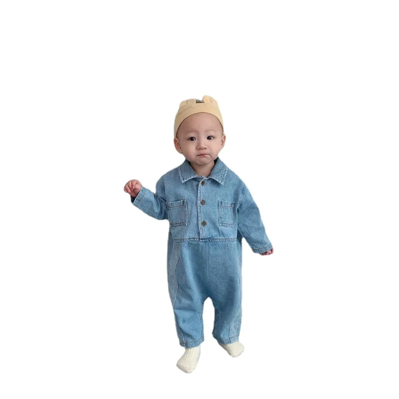 Newborn Infant Baby Boys Jumpsuit Children Long-sleeve Button Romper Kids Spring Fall Solid Clothes Cowboy Trend Outdoor Clothes