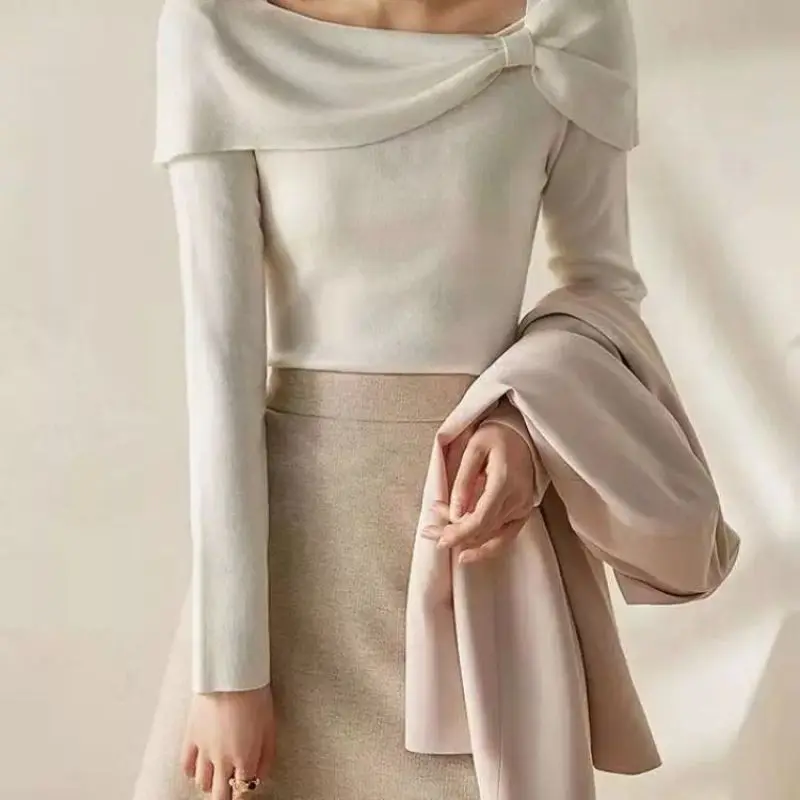 Coreano elegante de cuello cuadrado para mujer, ropa básica de punto, Top de manga larga liso informal para primavera y otoño, lazo elegante