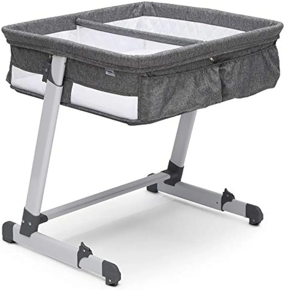 Simmons Kids By The Bed City Sleeper Bassinet for Twins - Adjustable Height Portable Crib with Wheels & Airflow Mesh Grey Tweed