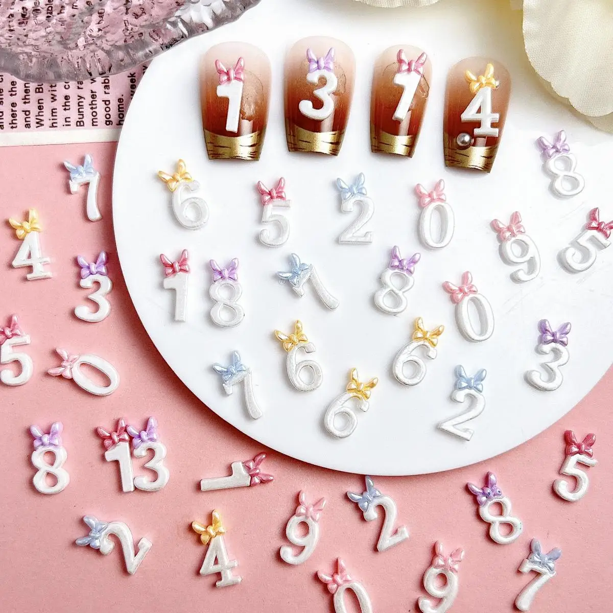 Mixed Cute Cartoon Bow Arabic Digital Nail Charms 3D Resin Glow In The Dark Digital Nail Art Decorations Hair Clip Accessories