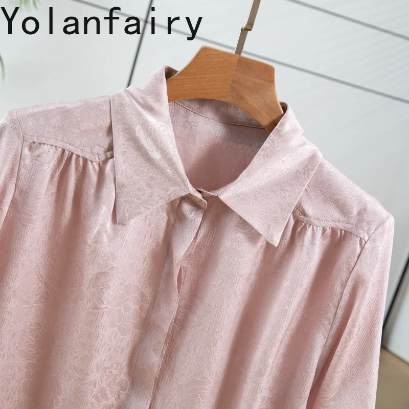 YOLANFAIRY New 100% Natural Mulberry Silk Shirt Woman Jacquard Long Sleeve Tops Breathable Shirts Damen Elegant Women Pink Shirt
