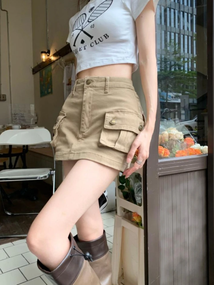 Women's Skirt Autumn New Denim Khaki Work Skirt Skinny American Half-body High Waist A-line Skirt Pocket A Line Sexy Dress