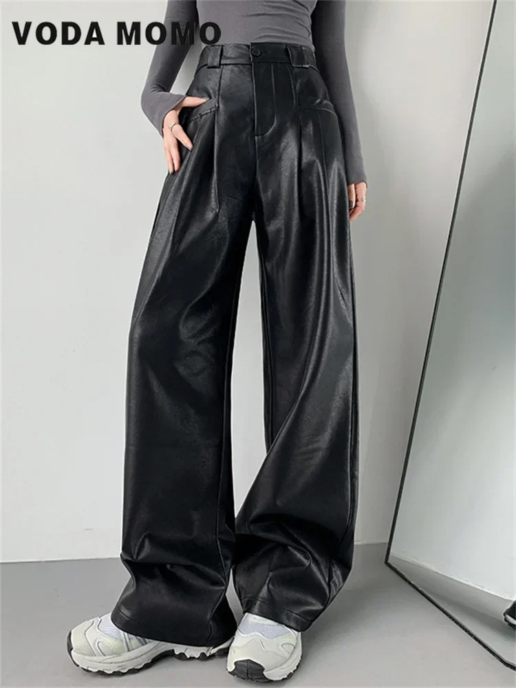 

Женские новые осенне-зимние трендовые свободные широкие повседневные брюки с высокой талией, драпированные прямые брюки со шваброй, американские высококачественные кожаные брюки