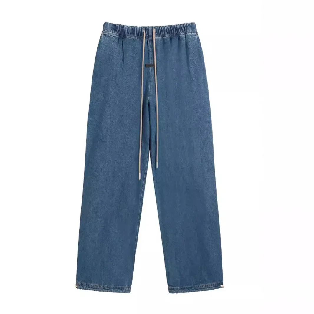 Cross-border Fog Essentials Men's Denim Straight-leg Pants American Style Washable Drawstring Elastic Waist Fit Bell Bottoms