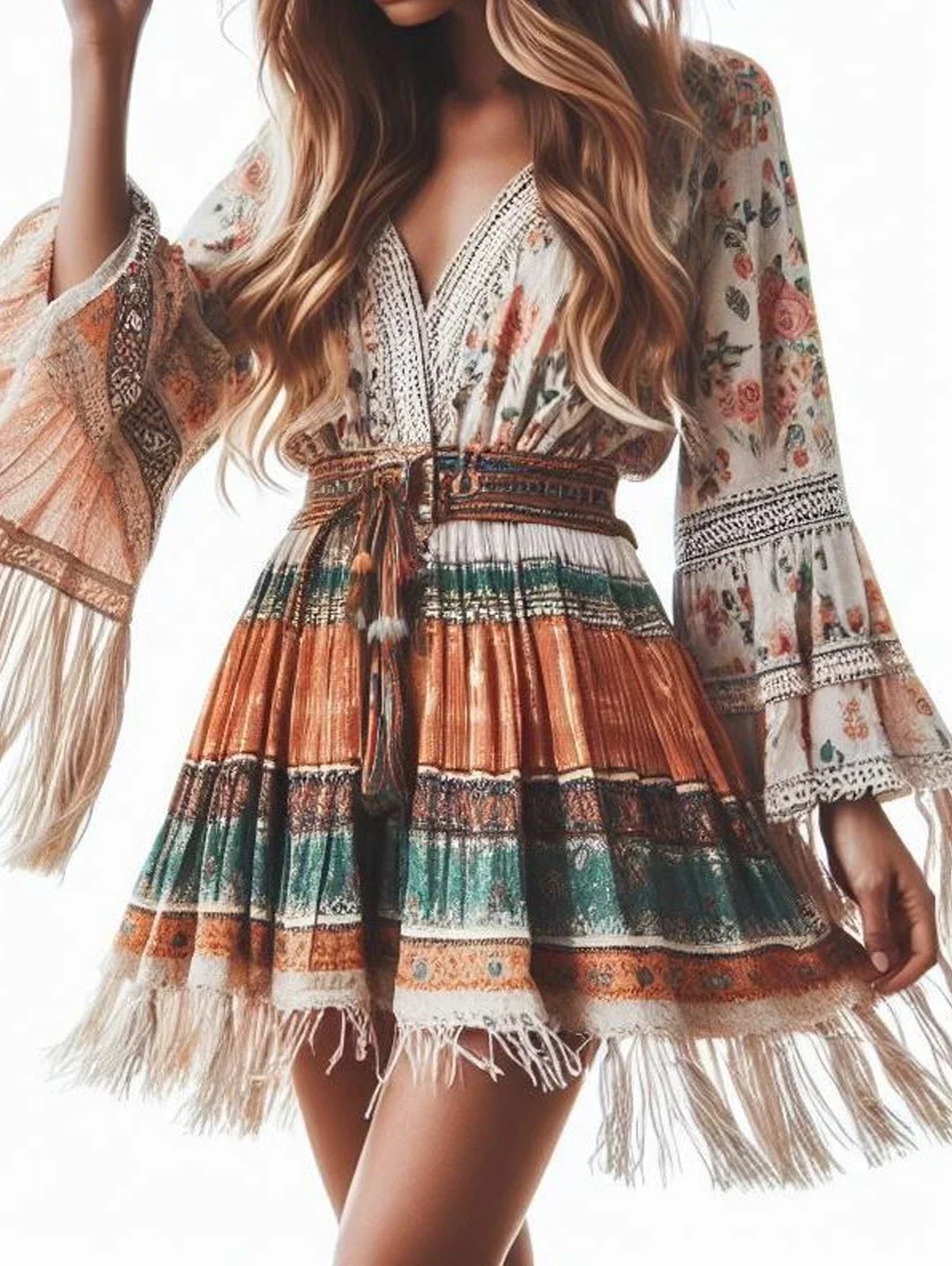 Elegant Women\'s Dress Bohemian Floral Print Patchwork Lace-up Sexy Deep V Neck Trumpet Sleeve Tassel Mini Dress