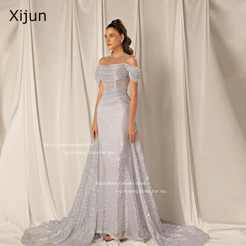 Xijun Gray Mermaid Wedding Dresses Sequined Sleeves Off The Shoulder Bridal Gowns Prom Dresses Saudi Arabric Wedding Party Dress