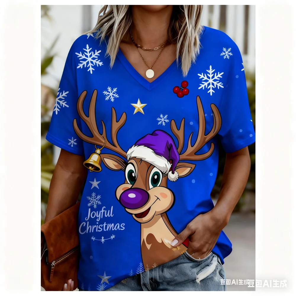 크리스마스 여성 티셔츠 3D 패턴 인쇄 v 넥 티셔츠 빠른 건조 새해 티셔츠 새로운 여성상의 여성용 y2k 의류