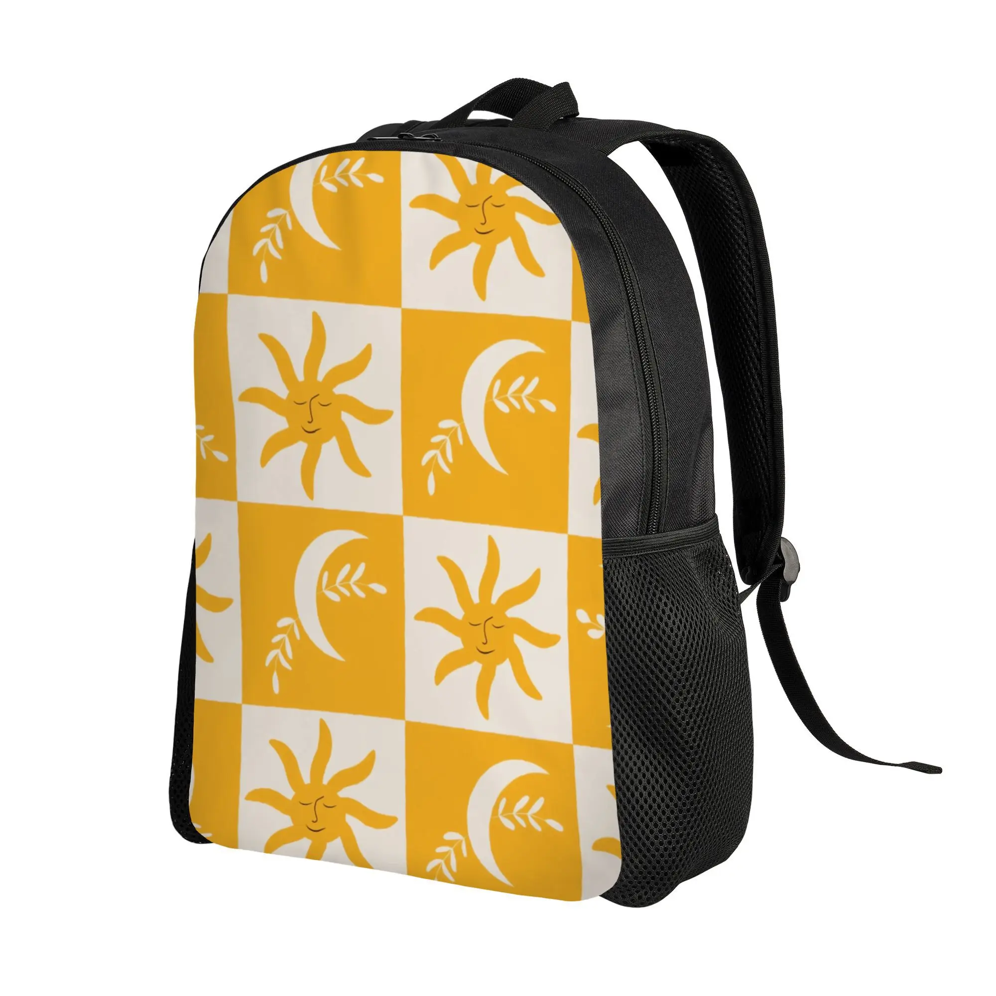 

The minimalist backpack features an orange plaid bohemian sun and moon design with a single compartment, perfect for daily
