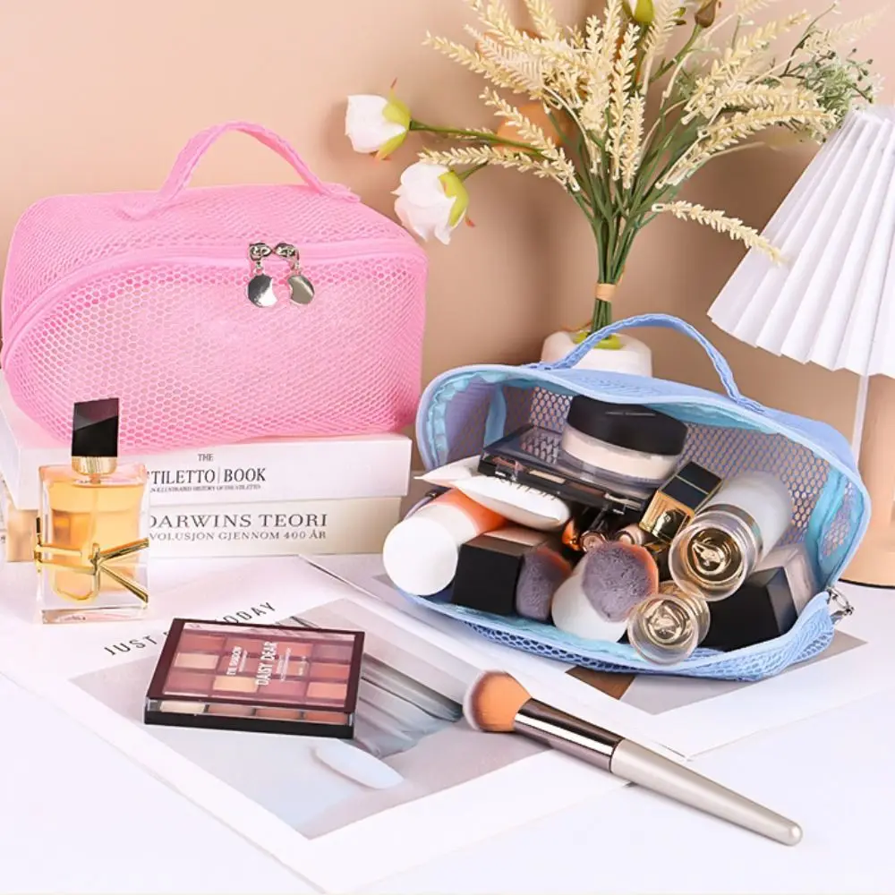 

Portable Mesh Makeup Bag Square Lightweight Transparent Mesh Cosmetic Bag Large Capacity Zipper Travel Wash Bag Business Trips