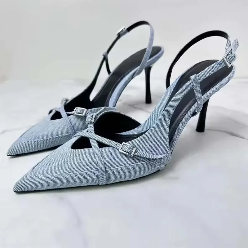 

Style Buckle Strap Women Pumps Pointed Toe Thin High Heels Banquet Slingback Party Shoes comfort heeled sandals Zapatos De Mujer