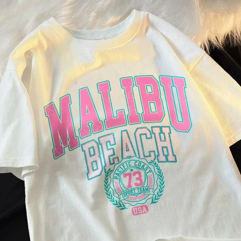 

Malibu пляжная простая женская модная футболка с буквенным принтом, повседневная летняя одежда с круглым вырезом, женский топ с короткими рукавами