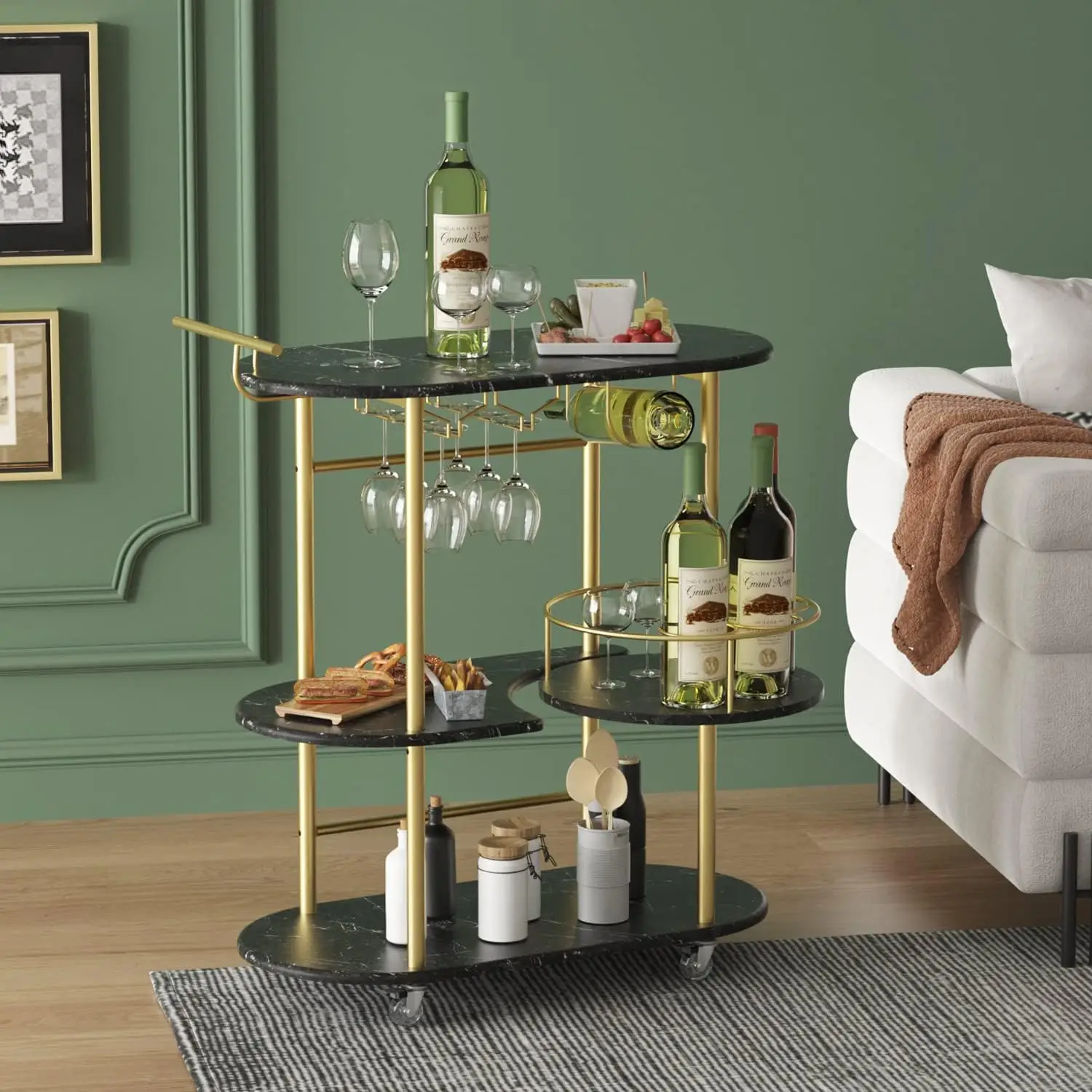 

Black Bar Carts 4-Tier Storage Shelves Mobile Serving Cart Wine Rack Glass Holder Home Kitchen Living Room Dining Room