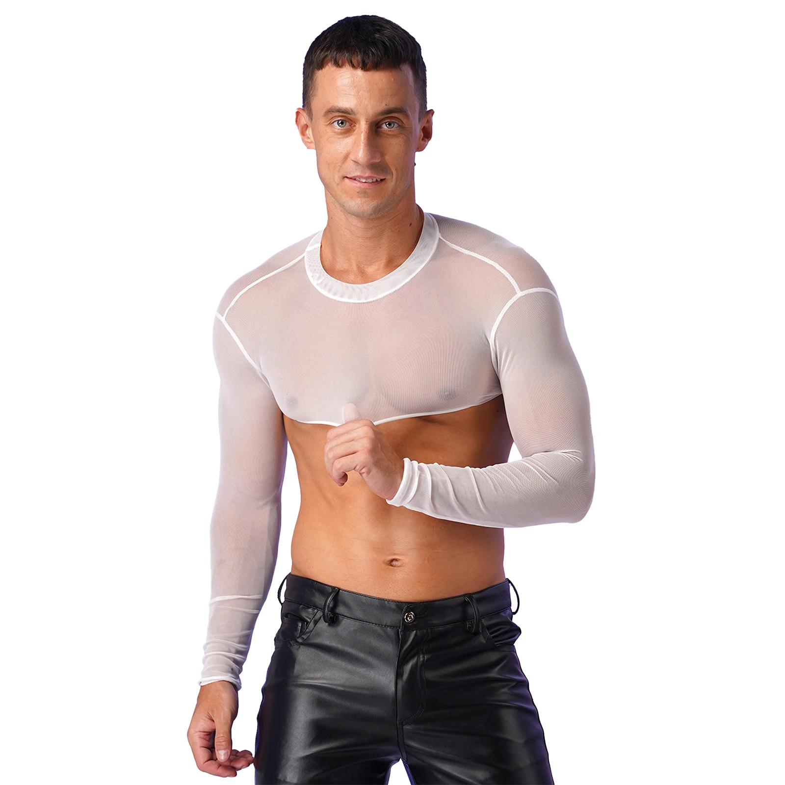 Mens See-through Mesh Crop Top Mock Neck Cover Ups Beachwear Stage Show Rave Costume Long Sleeve Bodybuilding T-shirt Tops