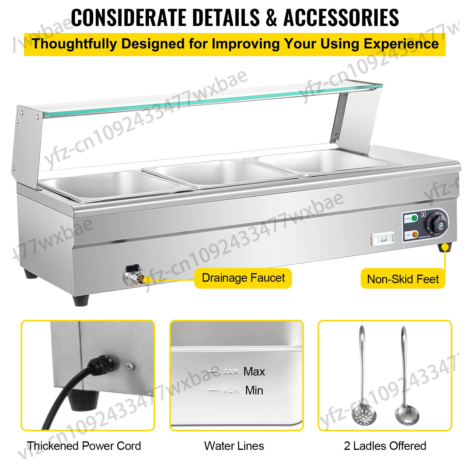 Buffet Food Heater 3-12 Stainless Steel Pans with Glass Shield Commercial Countertop Electric Steamer