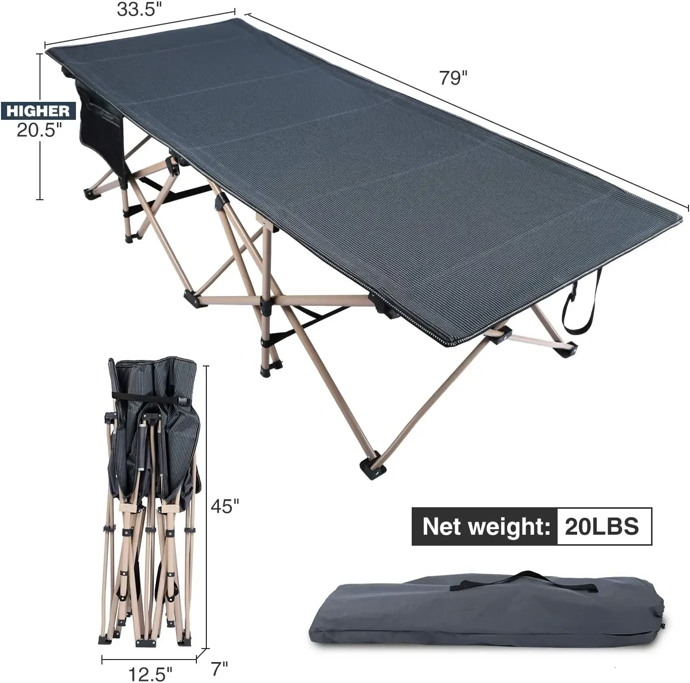 Oversized Camping Cots for Adults 500lbs, 33.5'' Extra Wide Tall Sleeping Cots Heavy Duty, XL Cots Portable for Outdoor Indoor