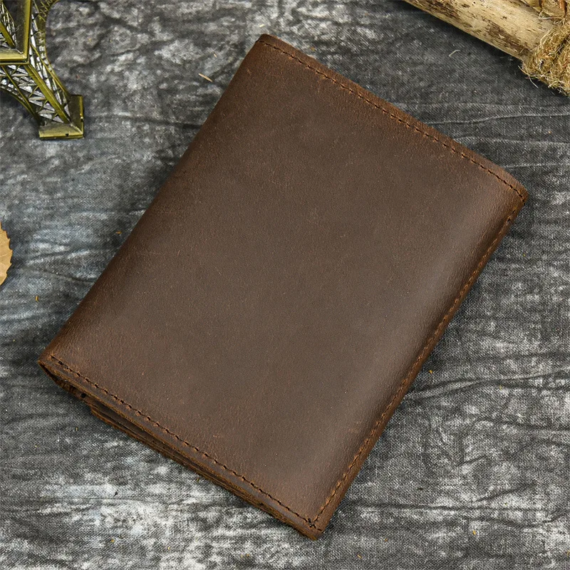 Cowhide Leather Men Short Wallet Money Clip Vintage Trifold Coin Purse For Male Card Holder Chain Small Clutch Cash Bags JYD566