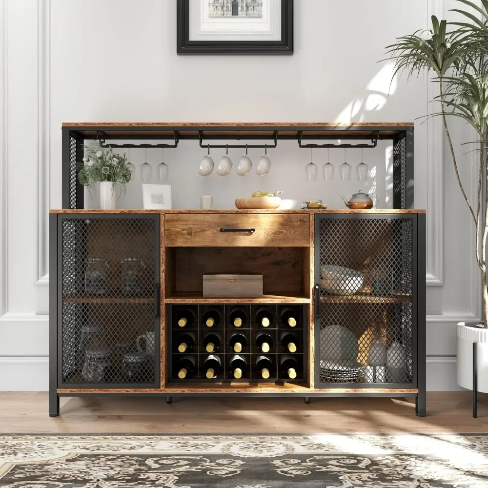 

Bar Cabinet with Drawers and LED Lights, 55 Inch Industrial Coffee Bar Cabinet with Wine Rack and Glass Stemware Rack