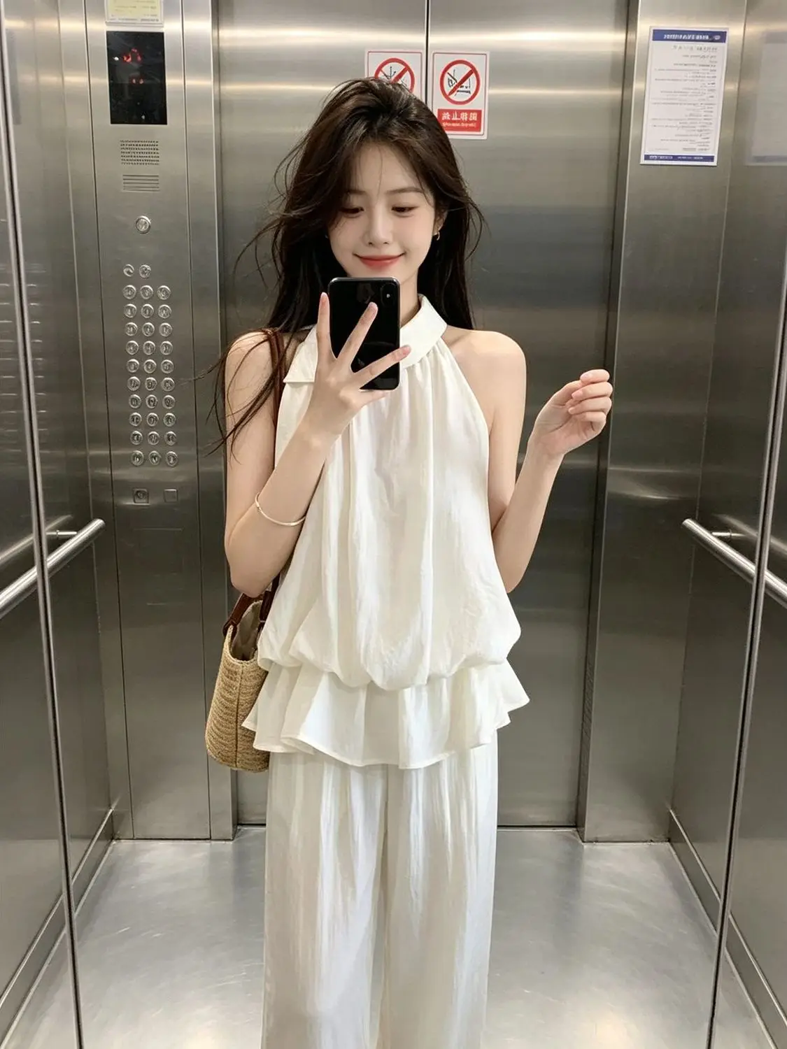 Elegant Summer Outfit Set Women's Stylish Sleeveless Neck Hanging Vest Top Light Tawny Color Commute Style Slim Fit Chinese P...