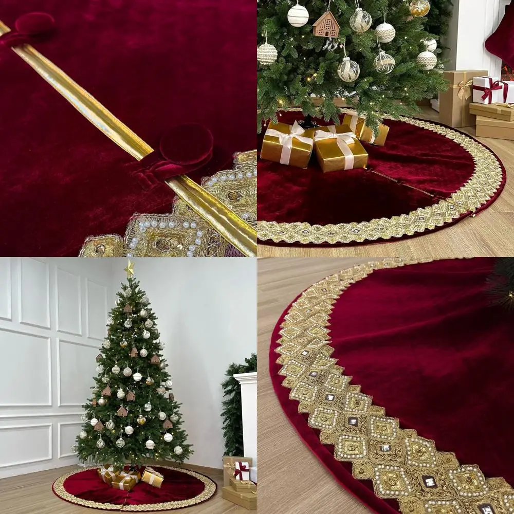 

Gilded Velvet Christmas Tree Skirt, 72-Inch, Burgundy, Gold Embellished Border, Foam-Padded, Button Closure