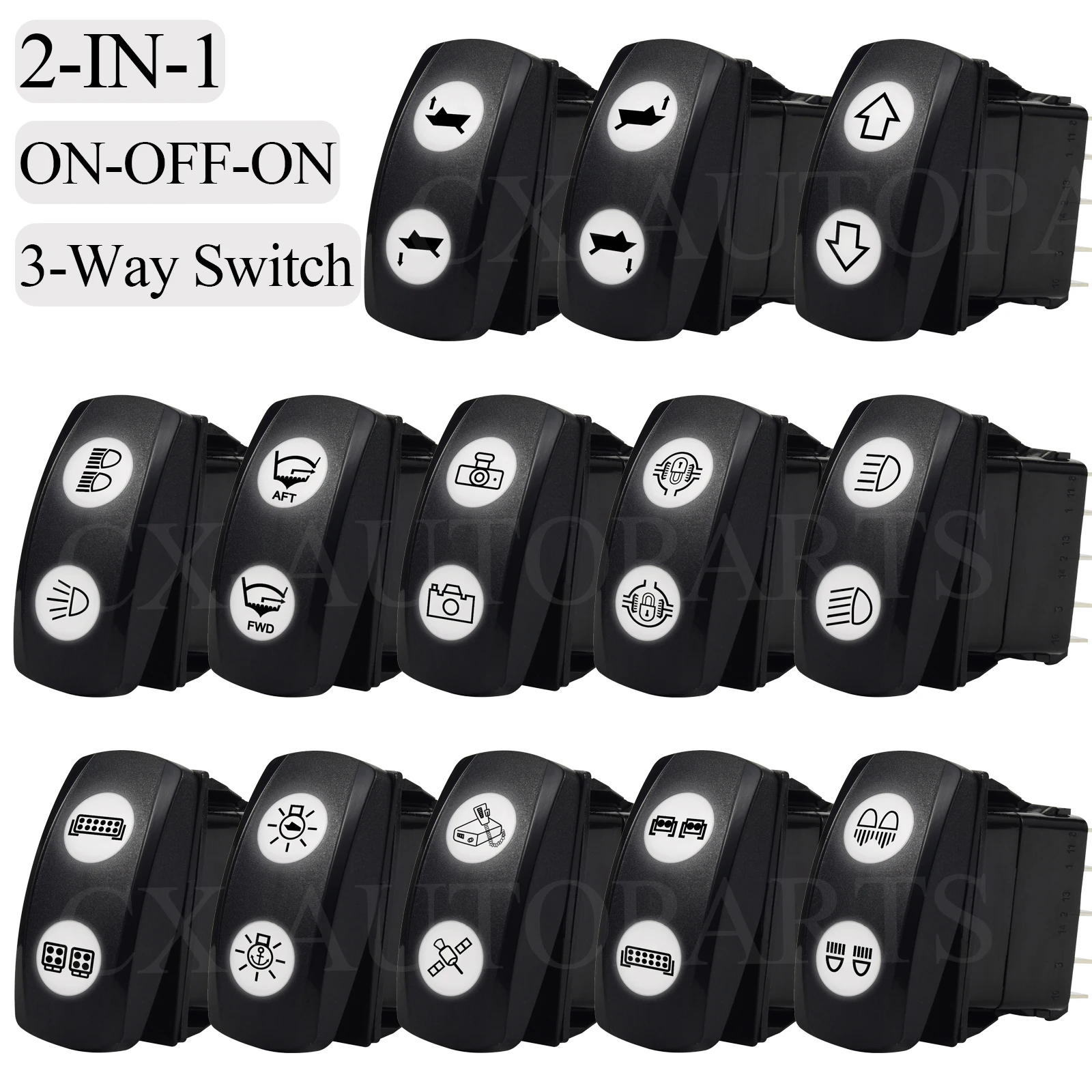 12V DPDT 3 Position Rocker Switch 10Pin ON OFF ON Up/Down Momentary Toggle White LED 12V/24V for Tractor ATV Polaris RZR Can-Am
