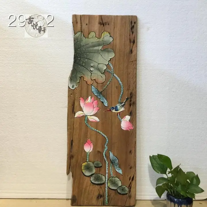 Ecological old camphor wood, weathered wooden board, wall decoration, mural painting, hand drawn Zen board painting