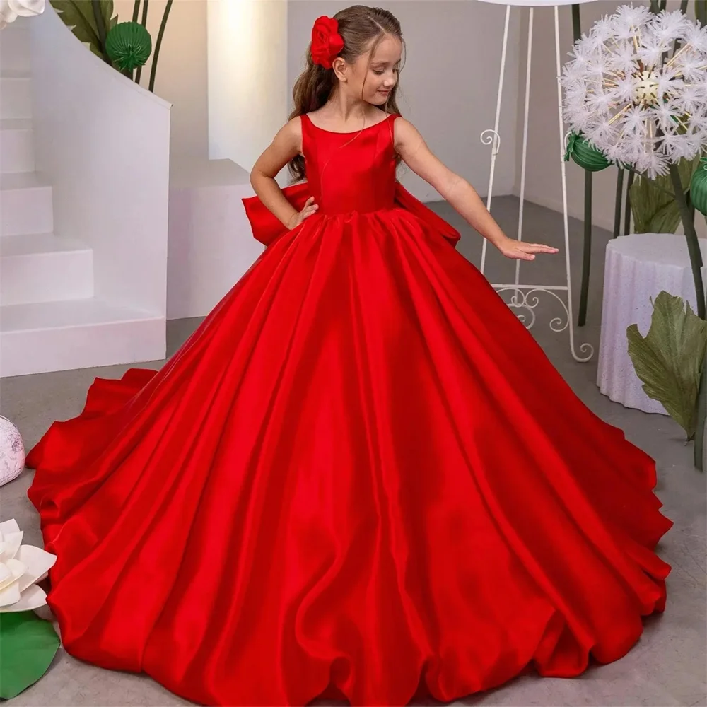 

Classic A Line Formal Elegant Simple Princess Flower Girl Dress Sleeveless Bow Long Ball Puff First Communion Dress New