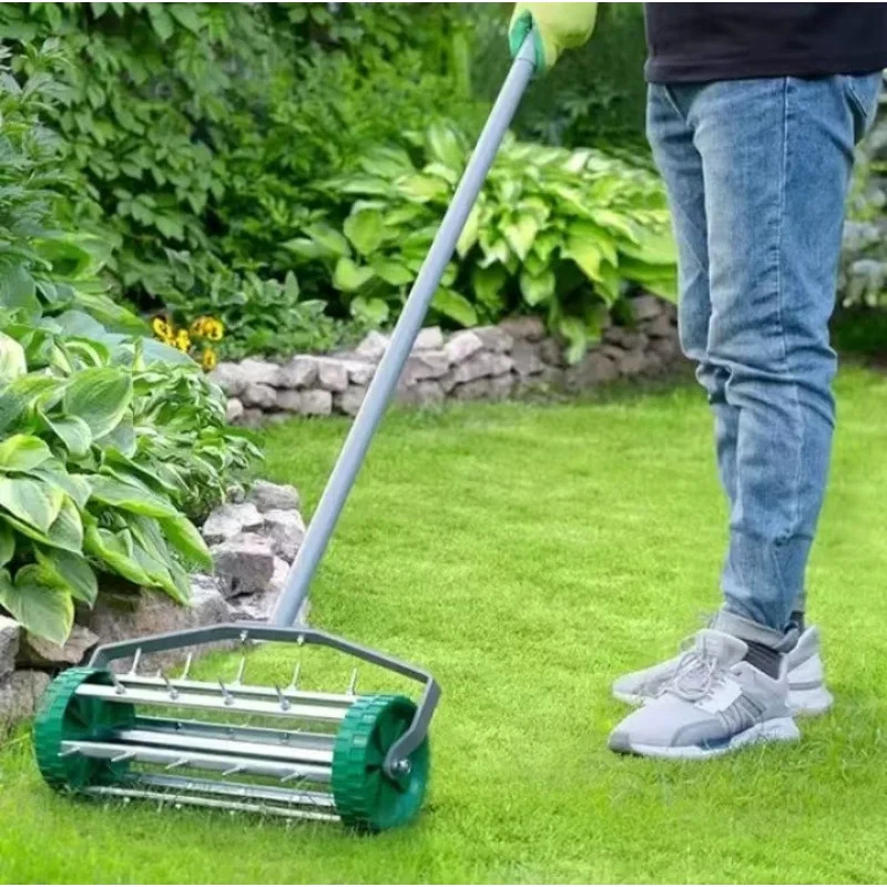 Hand Operated Perforating Roller Rake Iron Spikes Lawn Garden Soil Aeration Loosening Unit