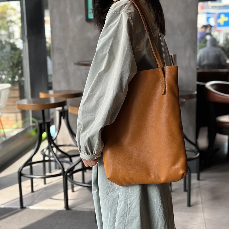 Johnature 2024 New Simple Tote Bag Genuine Leather Large Capacity Women Shoulder Bags Solid Color Real Cowhide Shopping Bags