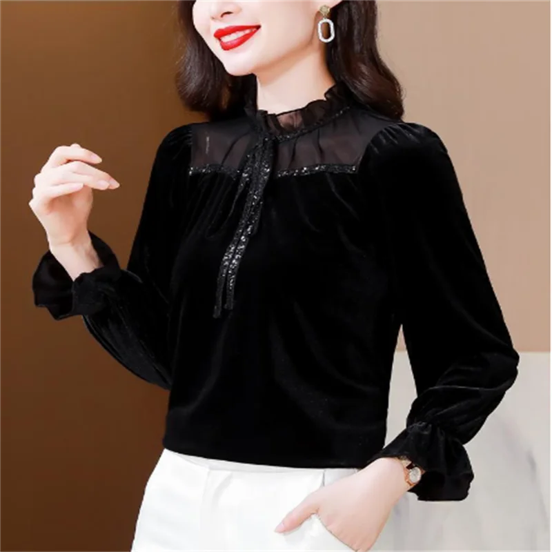 Vintage Tshirt For Women Black Velvet Base Top Retro Spring Woman Clothes T-shirts Lotus Neck Pullover Lace-up Female Tees