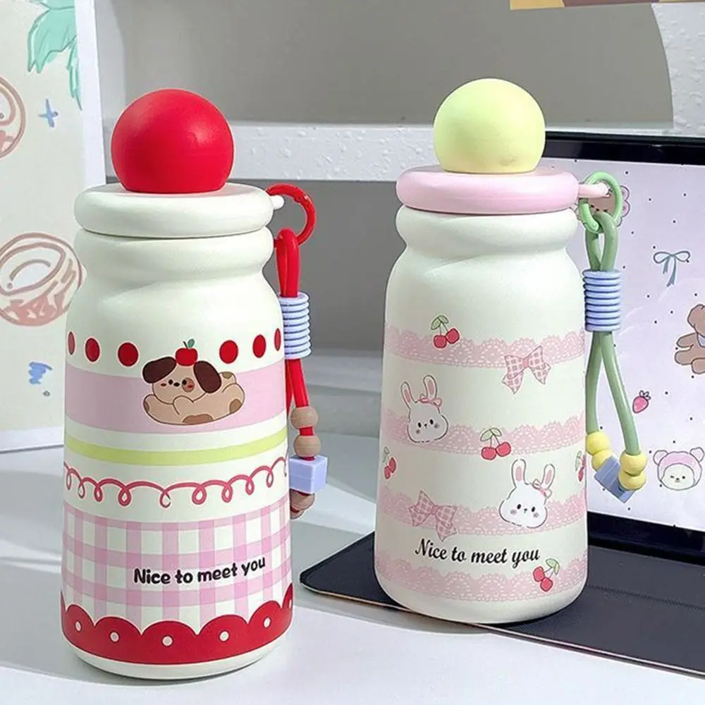 كوب معزول من الفولاذ المقاوم للصدأ سعة 500 مل، أكواب مياه للسيارة كرتونية مقاومة للغبار مع كوب مفرغ بحبل للنساء والفتيات