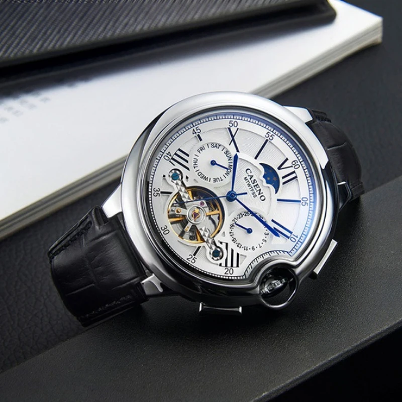 นาฬิกาผู้ชายหรูหรา Moon Phase นาฬิกากลไกอัตโนมัตินาฬิกาสัปดาห์วันที่ Tourbillon นาฬิกาสายหนังกันน้ํานาฬิกาทหารผู้ชาย