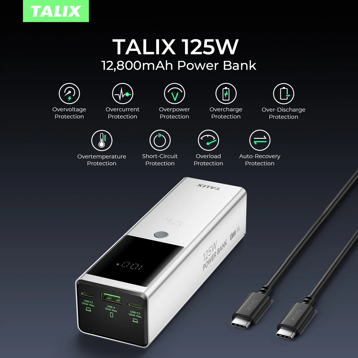 

Портативное зарядное устройство TALIX 125W с быстрой зарядкой, 12800 мАч, USB-C, для ноутбуков, для использования на улице, в офисе и в путешествиях.