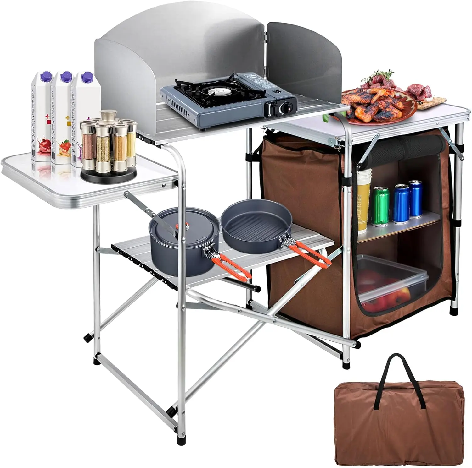 

Camping Kitchen Table, Aluminum Portable Folding Camp Cook Station with Windscreen, Cupboard, Storage Organizer, Carrying Bag